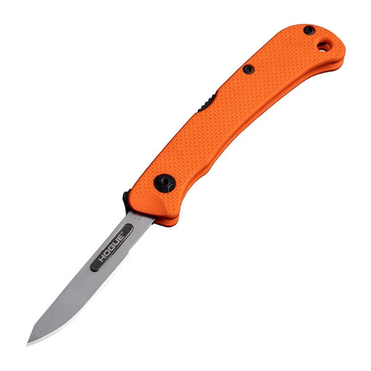 HOGUE EXPEL FOLDER SCALPEL 2.5" REPLACEABLE BLADE 7" OAL - BLACK FINISH 416C G10 SCALES ORANGE