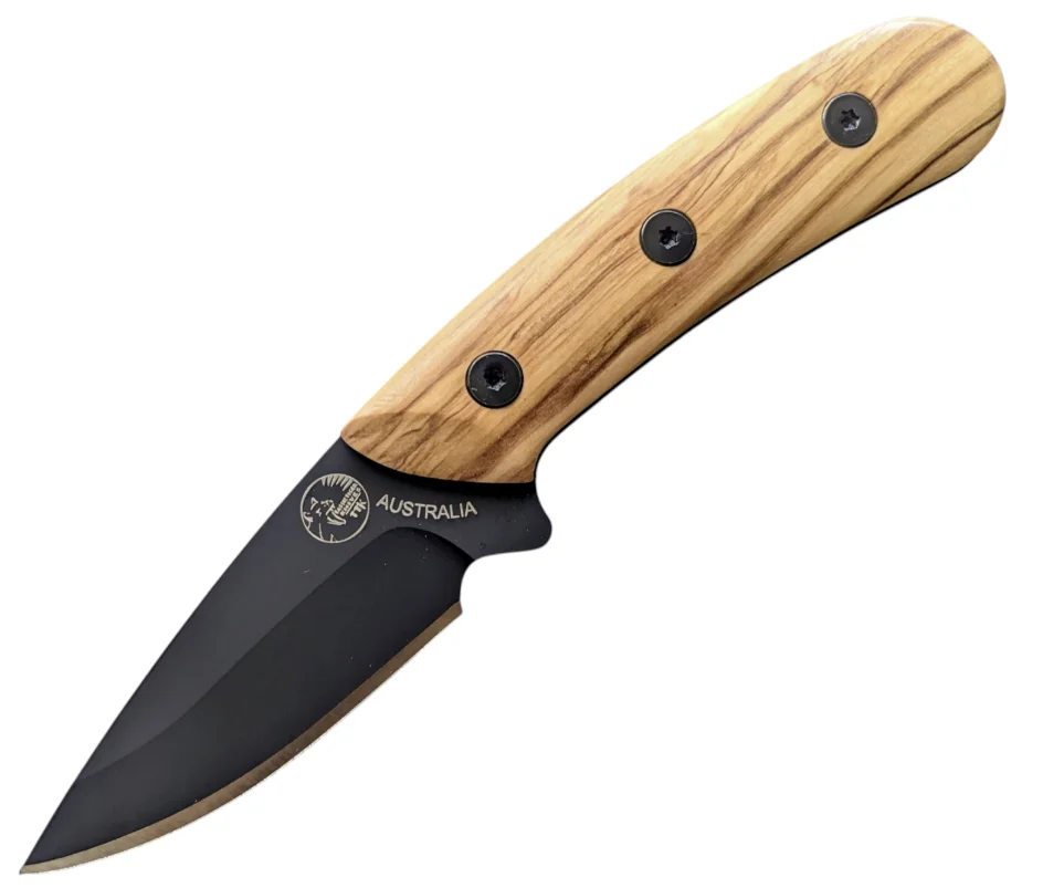 TASSIE TIGER OLIVE WOOD/ BLACK FIXED BLADE KNIVE [AUSTRALIAN MADE]