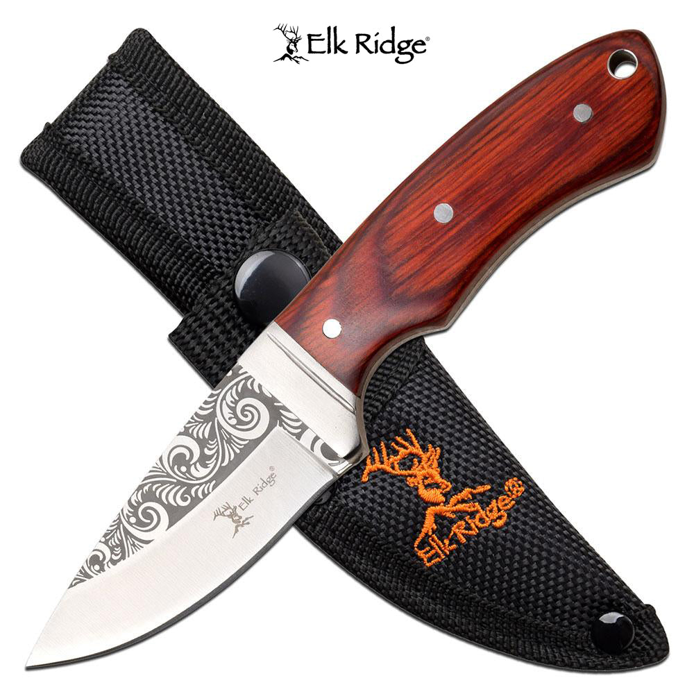ELK RIDGE ETCHED BLADE HUNTING KNIFE - WOOD HANDLE