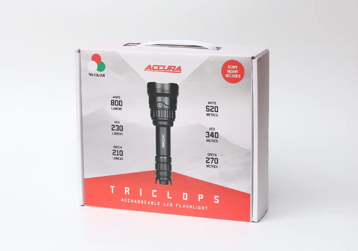 ACCURA TRICLOPS LED TORCH WHITE/RED/GREEN CHARGER & MOUNT INCL.